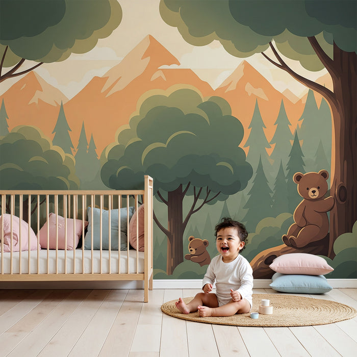 Papier peint chambre bébé | Oursons dans la forêt avec montagnes en arrière-plan