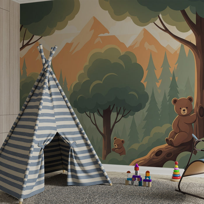 Papier peint chambre bébé | Oursons dans la forêt avec montagnes en arrière-plan