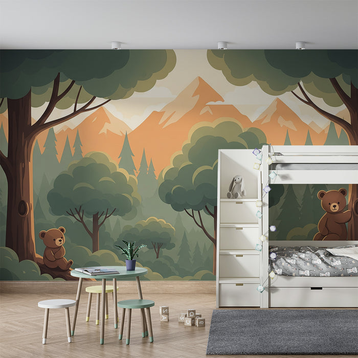 Papier peint chambre bébé | Oursons dans la forêt avec montagnes en arrière-plan
