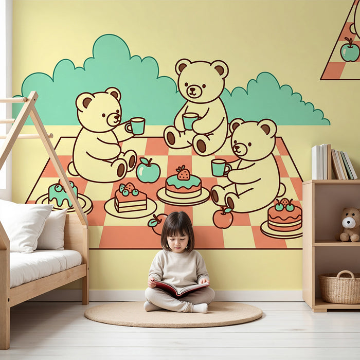 Papel pintado para habitación infantil | Ositos de picnic con pasteles y frutas