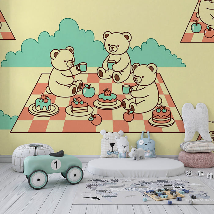 Papel pintado para habitación infantil | Ositos de picnic con pasteles y frutas