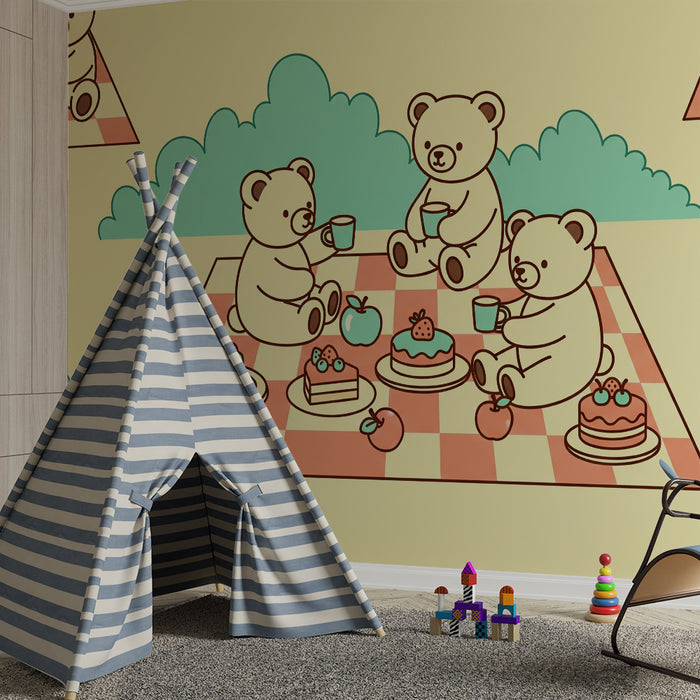 Papel pintado para habitación infantil | Ositos de picnic con pasteles y frutas