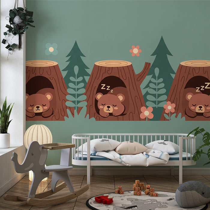 Babyzimmer Tapete | Schlafende Bärchen in bunten Baumstämmen