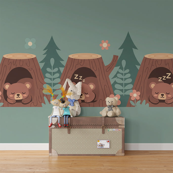 Babyzimmer Tapete | Schlafende Bärchen in bunten Baumstämmen
