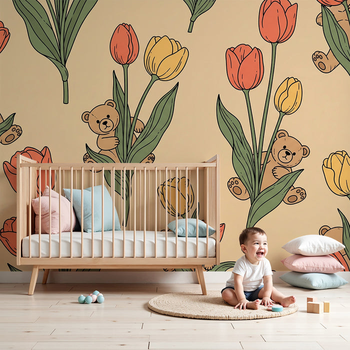 Nursery Wallpaper | Playful Bear Cubs Among Colorful Tulips