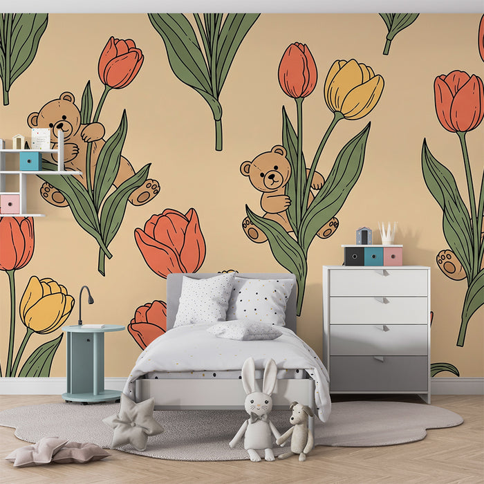 Nursery Wallpaper | Playful Bear Cubs Among Colorful Tulips