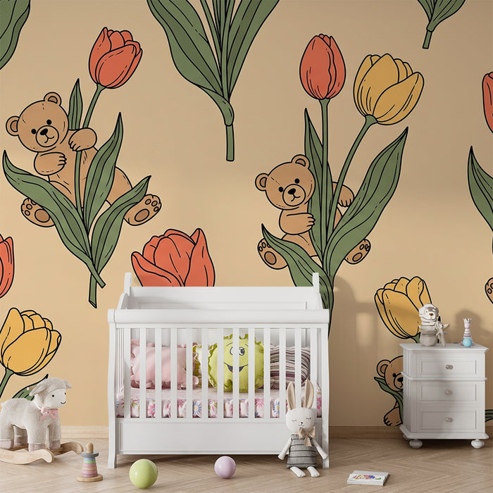 Nursery Wallpaper | Playful Bear Cubs Among Colorful Tulips