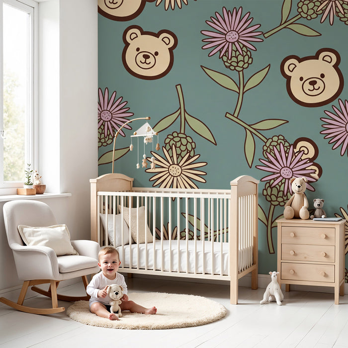 Behang voor babykamer | Beren en bloemen