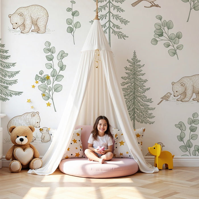 Baby nursery wallpaper | Bears and nature with delicate foliage