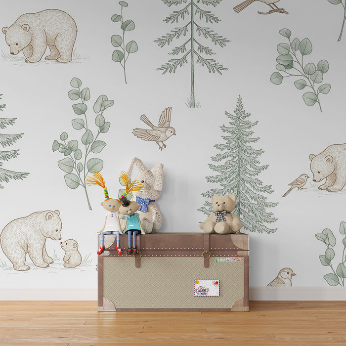 Baby nursery wallpaper | Bears and nature with delicate foliage