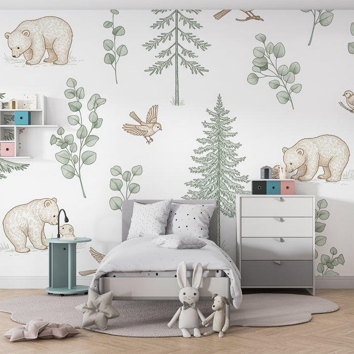 Baby nursery wallpaper | Bears and nature with delicate foliage