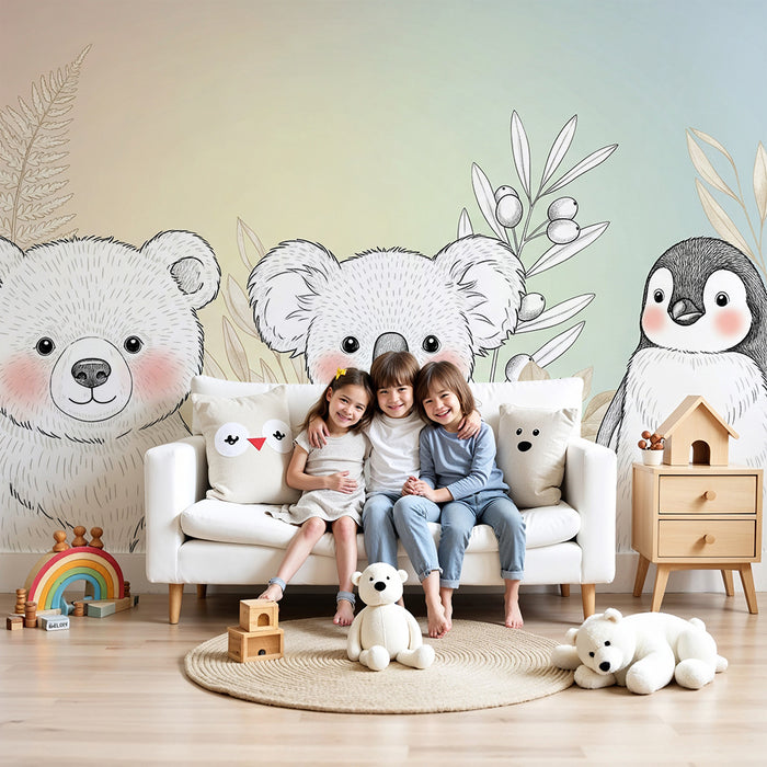 Lastenhuoneen tapetti | Karhut ja pingviini luonnossa