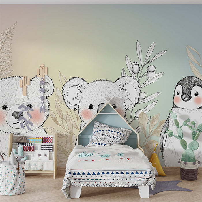 Lastenhuoneen tapetti | Karhut ja pingviini luonnossa