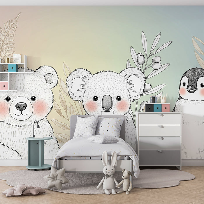 Lastenhuoneen tapetti | Karhut ja pingviini luonnossa