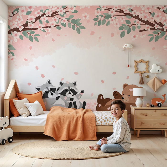Papier peint chambre bébé | Oursons et ratons laveurs sous les cerisiers en fleurs