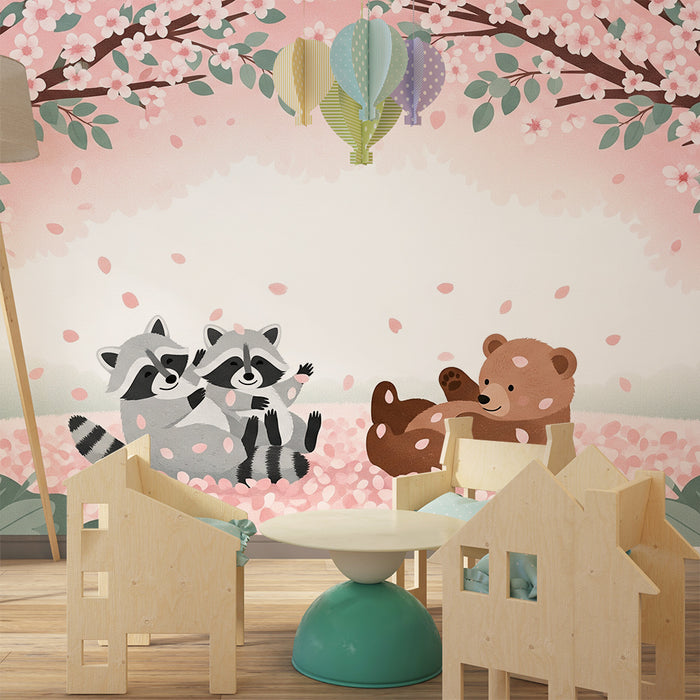 Papier peint chambre bébé | Oursons et ratons laveurs sous les cerisiers en fleurs