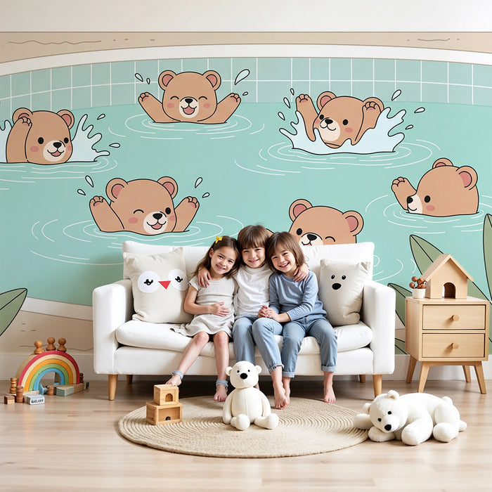 Papel de parede quarto bebê | Χαρούμενα αρκουδάκια στην πισίνα