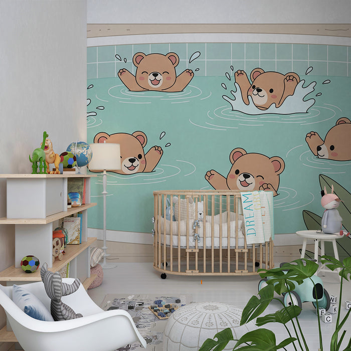 Papel de parede quarto bebê | Χαρούμενα αρκουδάκια στην πισίνα