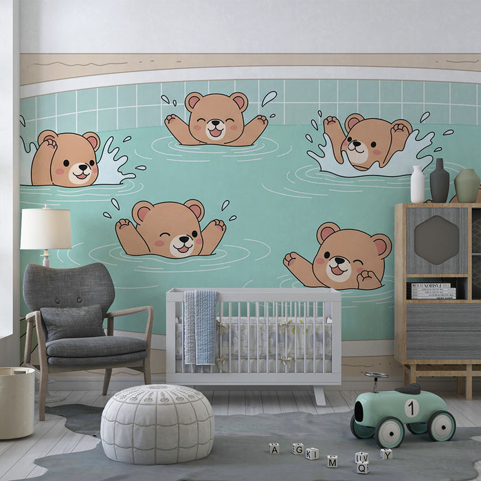 Papel de parede quarto bebê | Χαρούμενα αρκουδάκια στην πισίνα