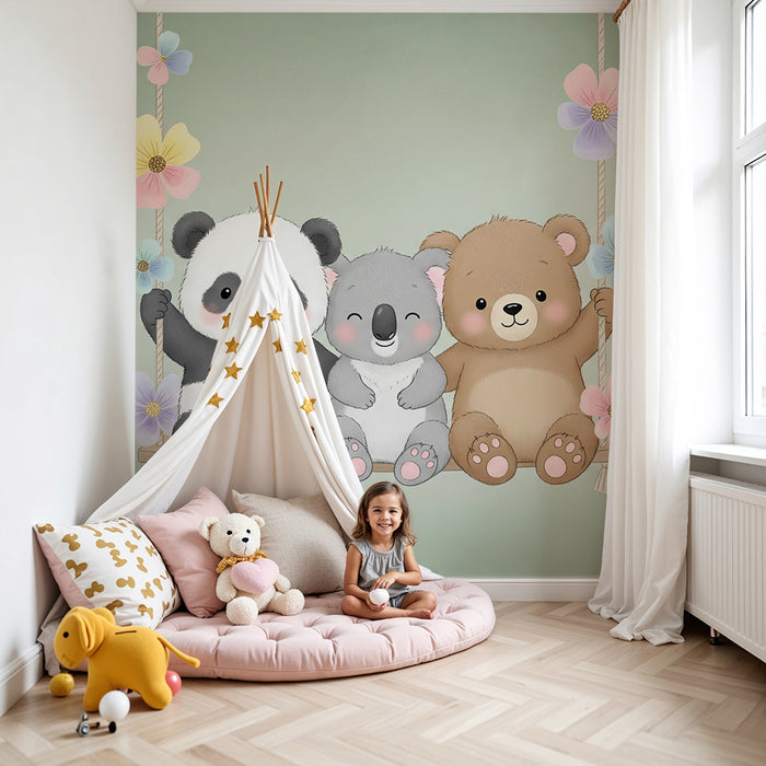 Barntapet | Glada björnar på en gungstol