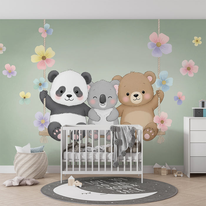 Barntapet | Glada björnar på en gungstol