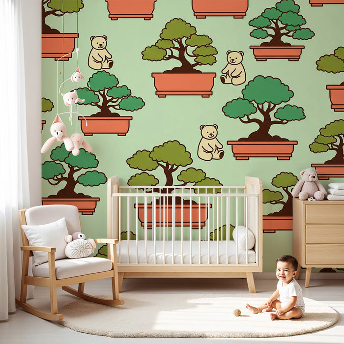 Papel pintado para habitación infantil | Ositos adorables y bonsáis sobre fondo pastel