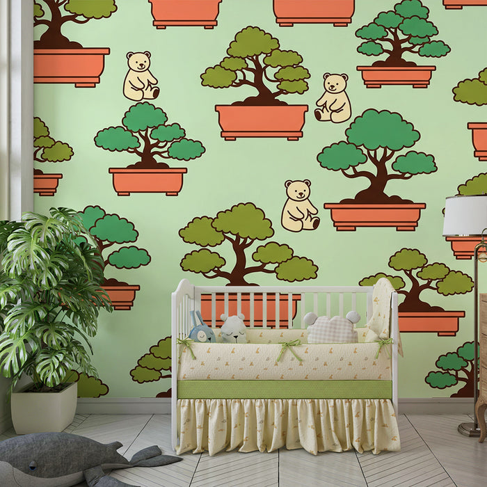 Papel pintado para habitación infantil | Ositos adorables y bonsáis sobre fondo pastel