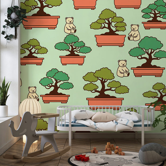 Papel pintado para habitación infantil | Ositos adorables y bonsáis sobre fondo pastel