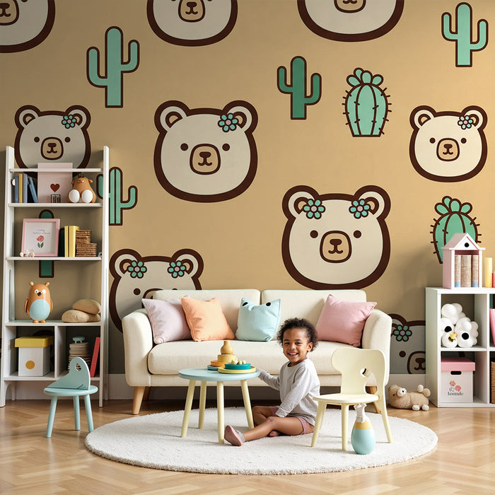 Papel de parede para quarto de bebé | Ursinhos fofos e cactos sobre fundo suave