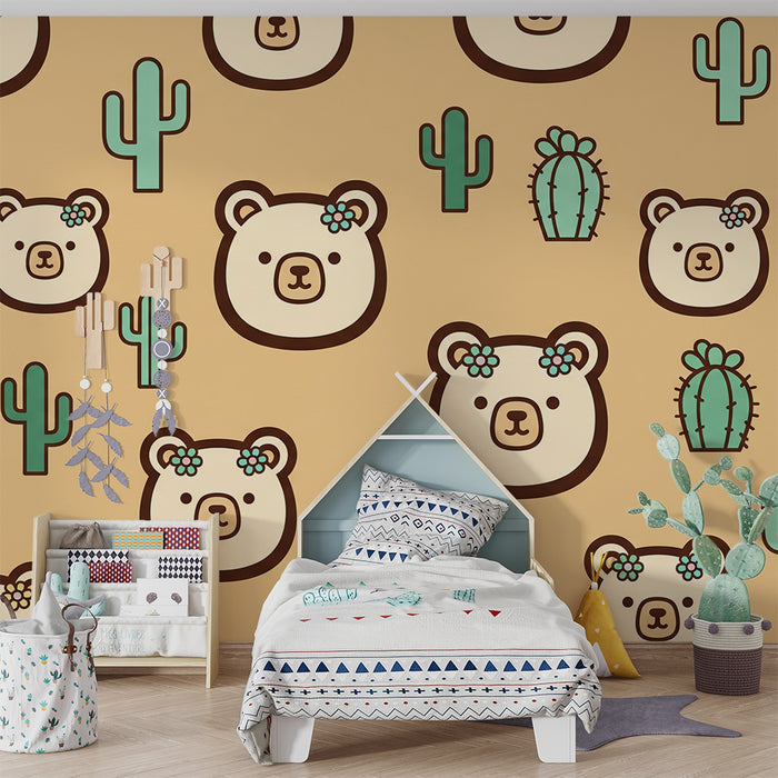 Papel de parede para quarto de bebé | Ursinhos fofos e cactos sobre fundo suave