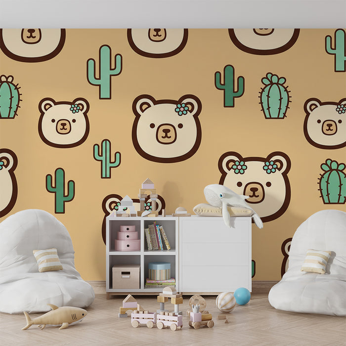 Papel de parede para quarto de bebé | Ursinhos fofos e cactos sobre fundo suave