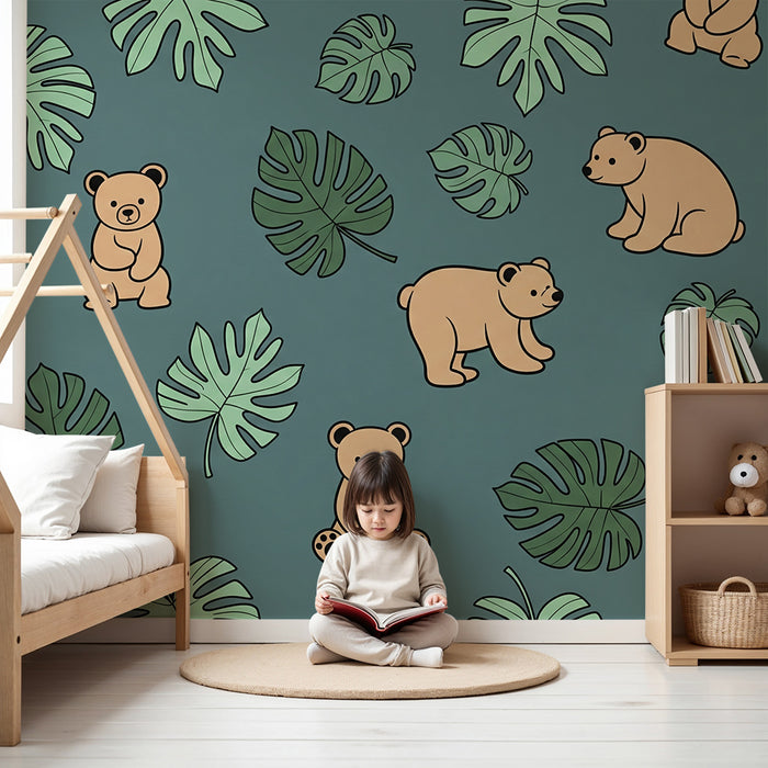 Papier peint chambre bébé | Oursons mignons et feuillage tropical sur fond bleu