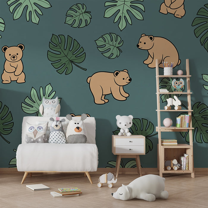 Papier peint chambre bébé | Oursons mignons et feuillage tropical sur fond bleu