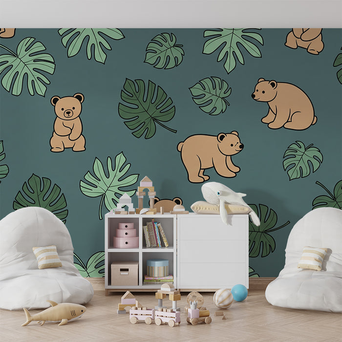 Papier peint chambre bébé | Oursons mignons et feuillage tropical sur fond bleu