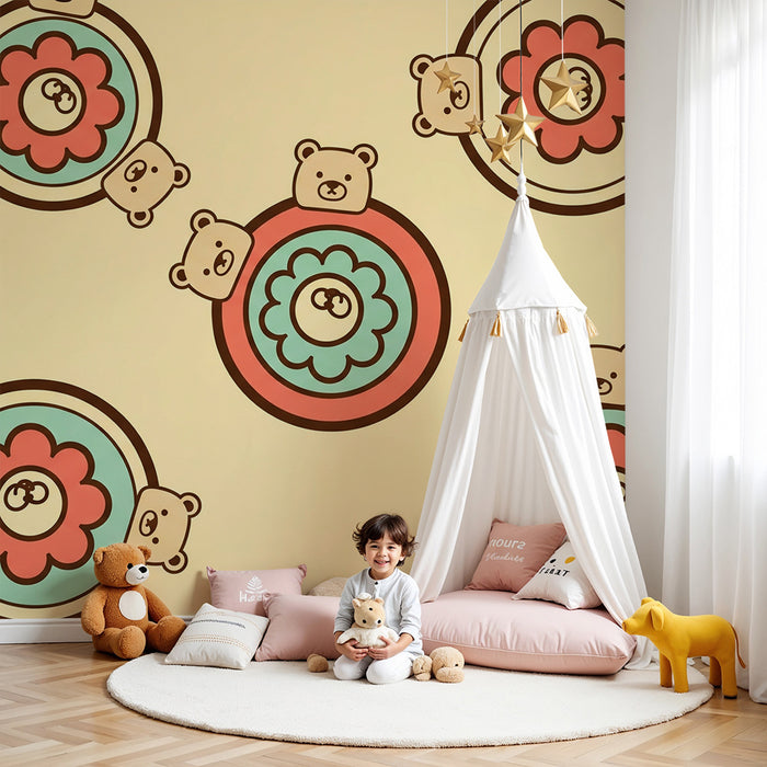 Babyzimmer Tapete | Niedliche Bärchen und bunte Blumen auf zartem Grund