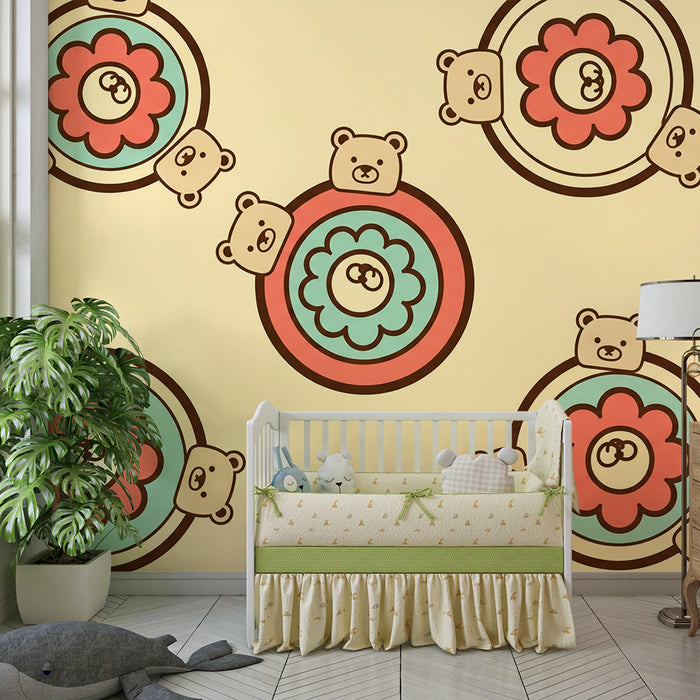 Babyzimmer Tapete | Niedliche Bärchen und bunte Blumen auf zartem Grund