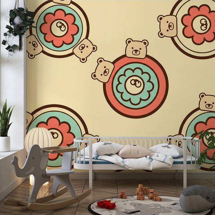 Babyzimmer Tapete | Niedliche Bärchen und bunte Blumen auf zartem Grund