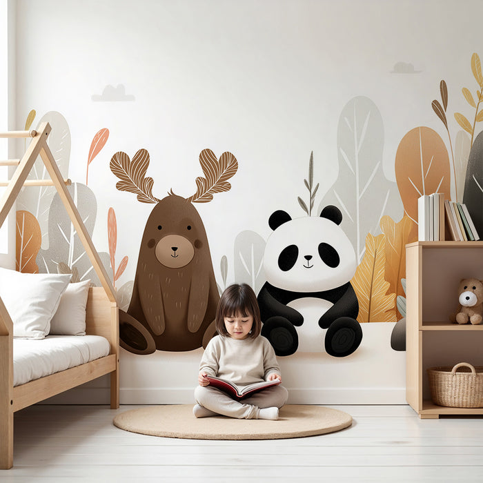Babyzimmer Tapete | Niedliche Bären und bunter Wald