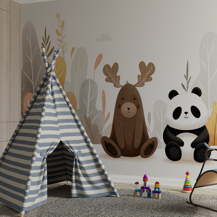 Babyzimmer Tapete | Niedliche Bären und bunter Wald
