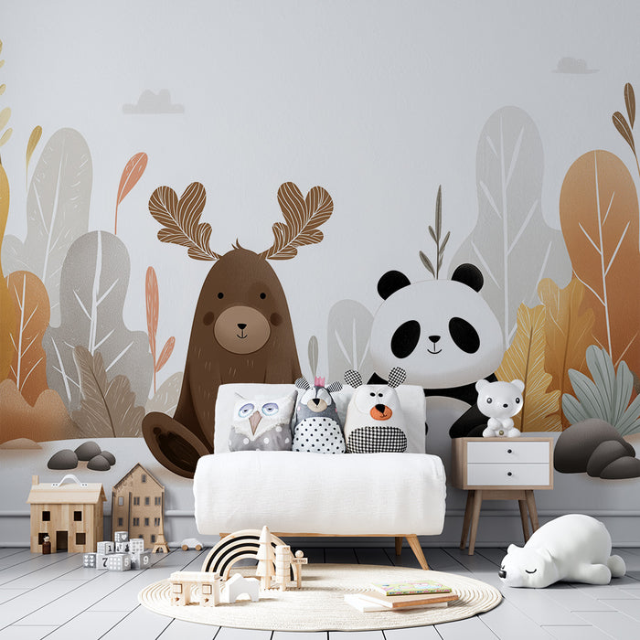 Babyzimmer Tapete | Niedliche Bären und bunter Wald