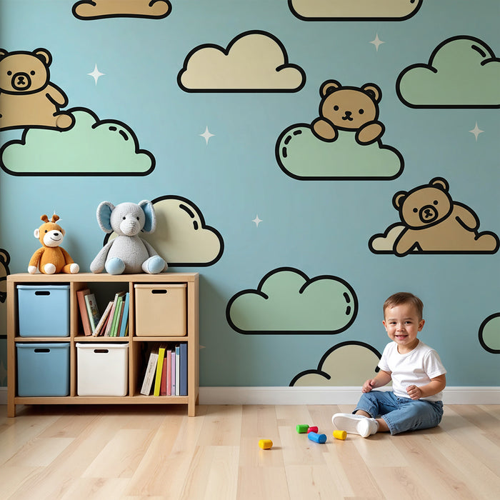 Behang voor babykamer | Schattige beertjes zwevend op wolken