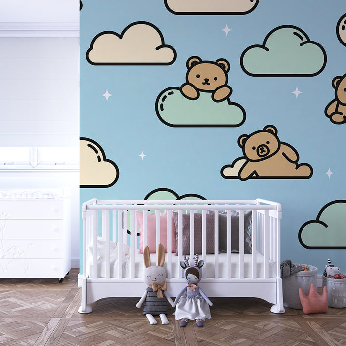 Behang voor babykamer | Schattige beertjes zwevend op wolken