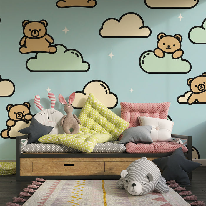 Behang voor babykamer | Schattige beertjes zwevend op wolken