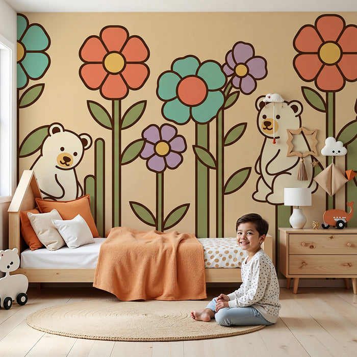 Papel pintado para habitación infantil | Ositos adorables entre flores coloridas