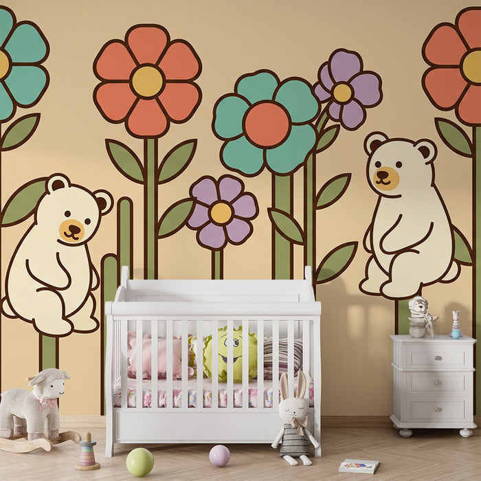 Papel pintado para habitación infantil | Ositos adorables entre flores coloridas