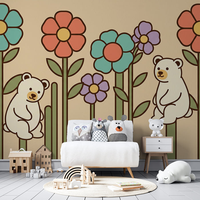 Papel pintado para habitación infantil | Ositos adorables entre flores coloridas
