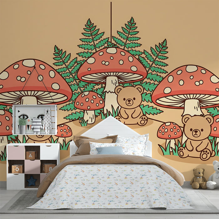 Ταπετσαρία για το δωμάτιο του μωρού | Χαριτωμένα αρκουδάκια κάτω από χρωματιστούς μανιταριούς