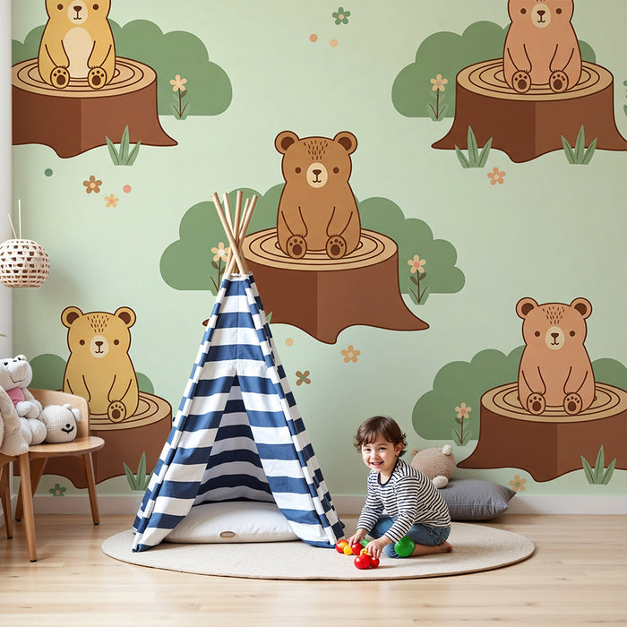 Behang voor babykamer | Schattige beertjes op boomstammen in een natuurlijke omgeving