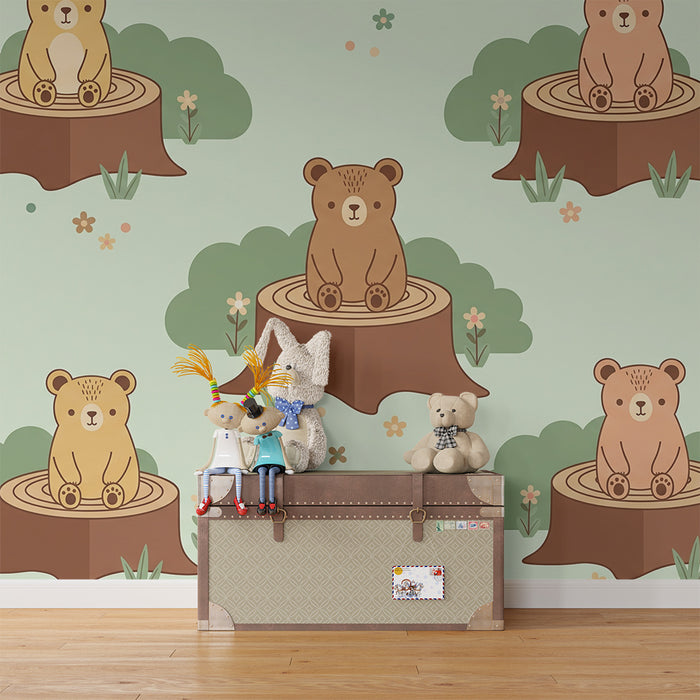 Behang voor babykamer | Schattige beertjes op boomstammen in een natuurlijke omgeving