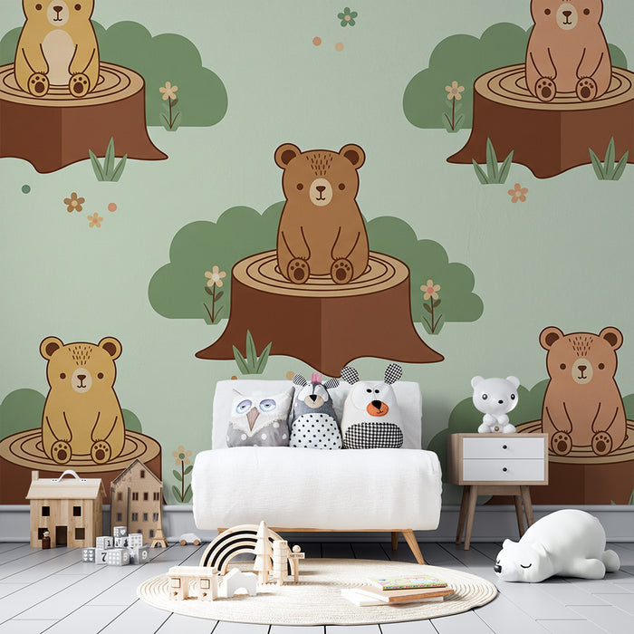 Behang voor babykamer | Schattige beertjes op boomstammen in een natuurlijke omgeving